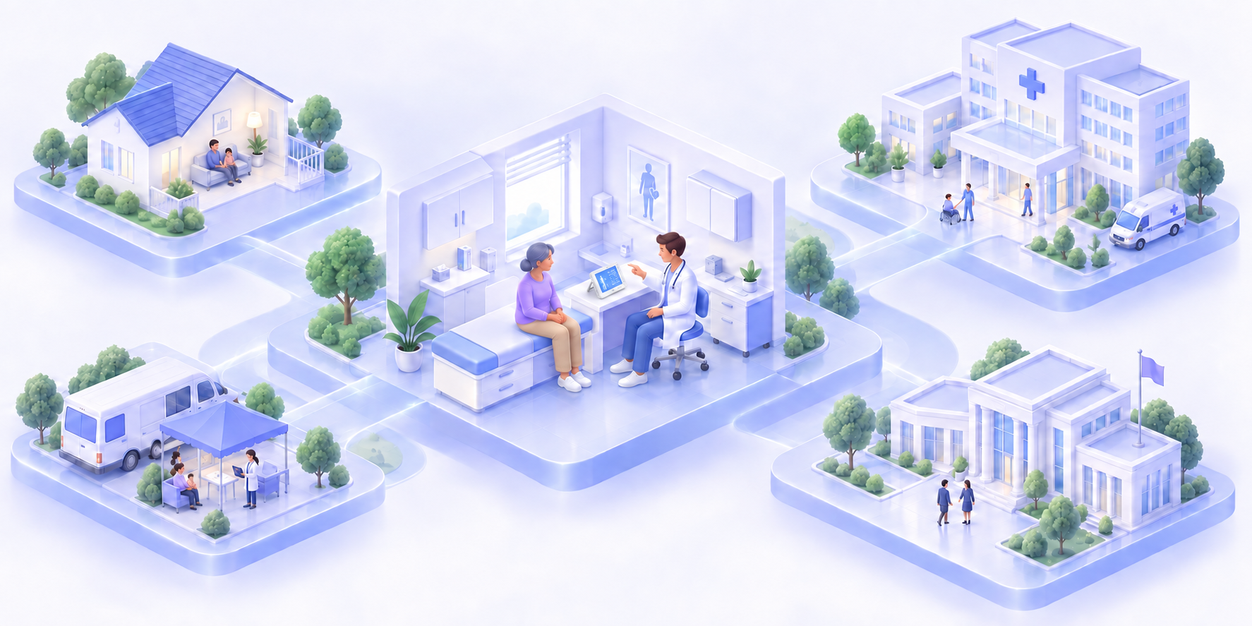 Illustration of a GP Workstation supported by its rear stand on the consultation desk, with the screen facing the doctor, within a connected healthcare system