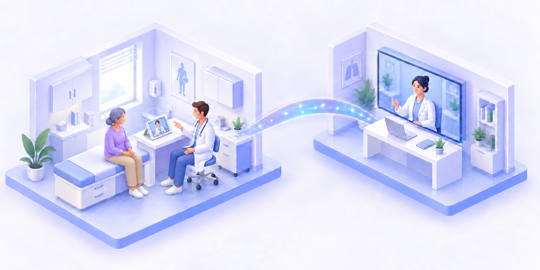 Illustration of a patient and GP consulting a remote specialist through the GP Workstation on the clinic desk, supported by its rear stand